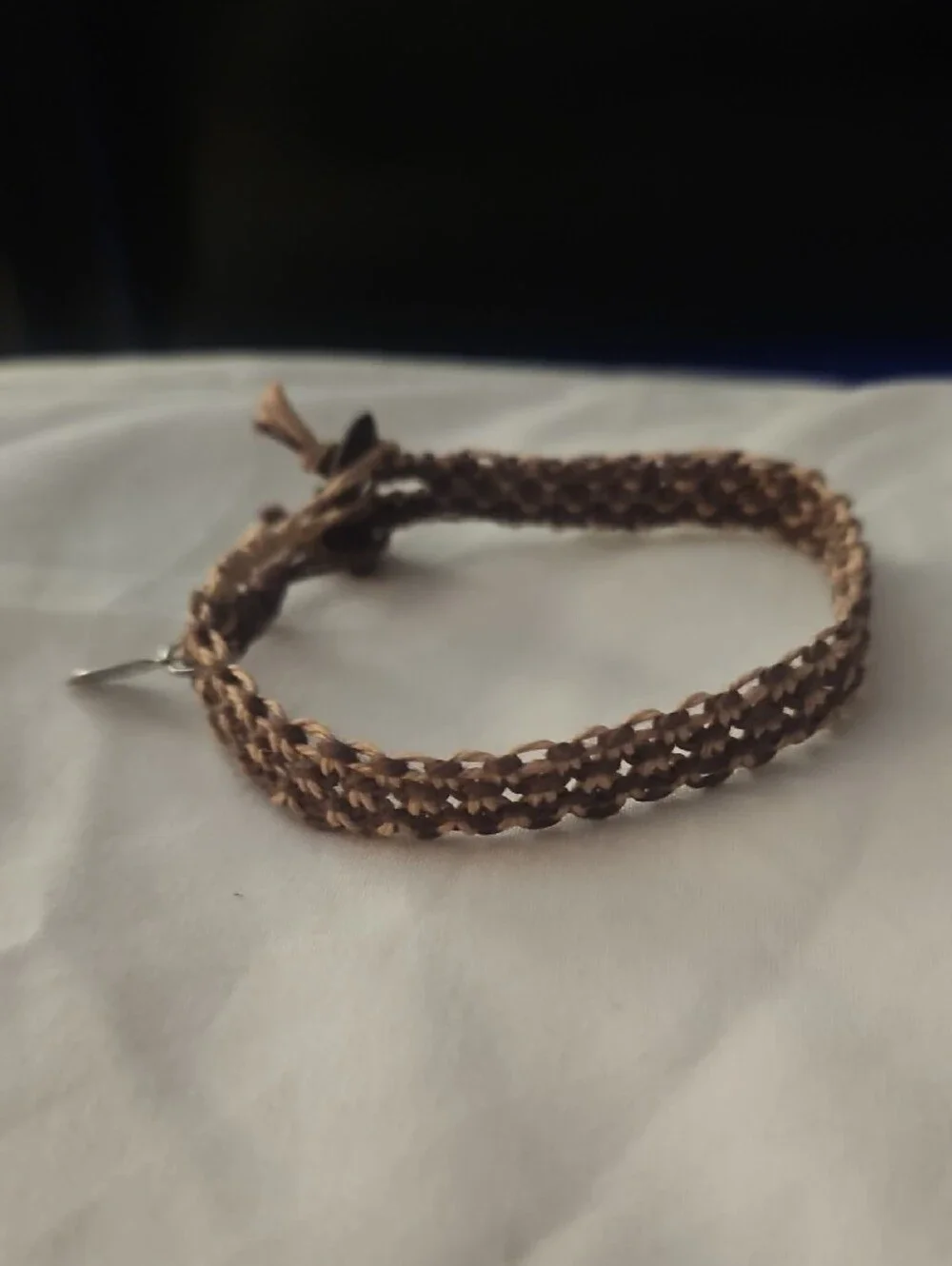 Handwoven Brown Cord Bracelet with Silver Leaf Charm